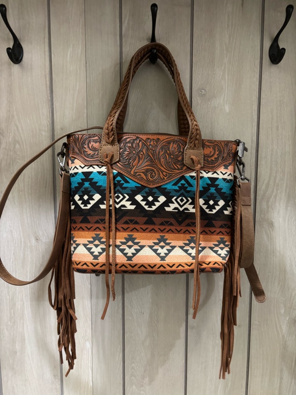 Boho Aztec Fringe Tote Bag - Brown/Turquoise